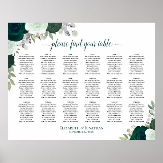 18 Table Emerald Rose Boho Wedding Seating Chart Poster (Vorne)