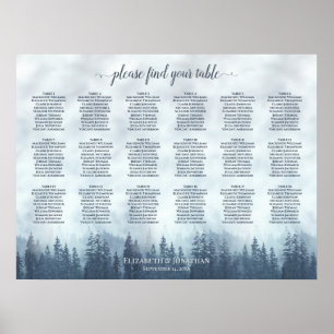 18 Tische Misty Blue Pines Hochzeits-Sitzplan Poster