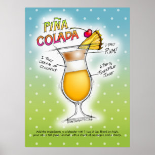 18" X 24" POSTER - PINA COLADA RECIPE COCKTAIL ART