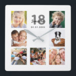 18th birthday custom photo collage friends quadratische wanduhr<br><div class="desc">A wall clock as a gift for a 18th birthday for a woman, celebrating her life with a collage of 7 of your photos. Personalize and add a name, age 18 and a date. Date of birth or the date of the anniversary. Black and gray colored letters. A chic white...</div>