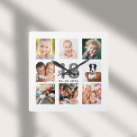 18th birthday custom photo collage girl milestone quadratische wanduhr<br><div class="desc">A wall clock as a gift for a 18th birthday for a girl, young woman, celebrating her life with a collage of 8 of your photos. Personalize and add a name, age 18 and a date. Date of birth or the date of the anniversary. Black and gray colored letters. A...</div>
