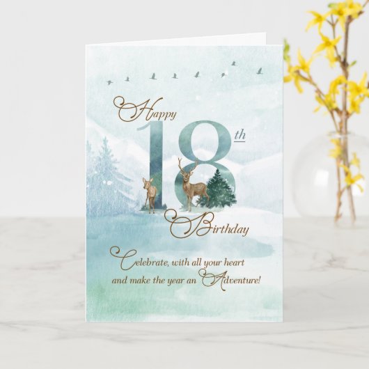 18th Birthday Evergreen Pines and Deer Nature Karte (Gelbe Blume)