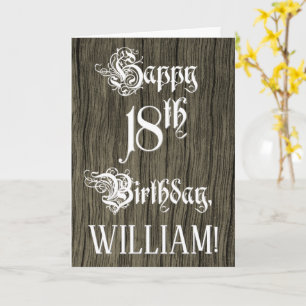 18th Birthday: Fancy, Elegant Text; Faux Wood Look Karte
