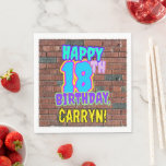 18th Birthday Fun, Urban Graffiti Serviette<br><div class="desc">Dieses lustige Geburtstagsthema Papier Serviette Design beinhaltet die Nachricht "HAPPY 18TH BIRTHDAY", mit einem lebendigen, farbenfrohen, Graffiti und städtischen Straßenkunst inspirierte Erscheinung, zusammen mit einem personalisierten Empfängernamen. Der Hintergrund weist ein Muster auf, das durch das Aussehen einer Ziegelwand inspiriert wird. Lustige, lebendige, personalisierte Papierservietten wie diese können bei der Ausrichtung...</div>