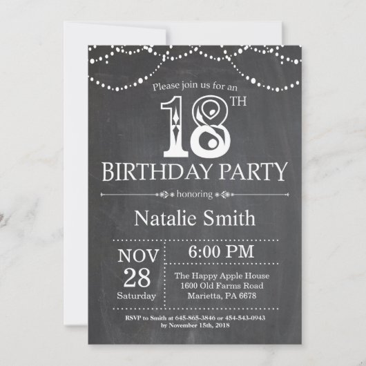18th Birthday Invitation Chalkboard String Lights Einladung (Vorderseite)