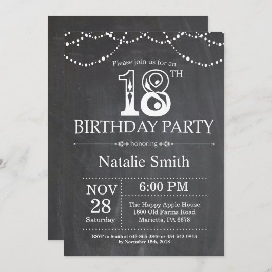 18th Birthday Invitation Chalkboard String Lights Einladung (Vorne/Hinten)