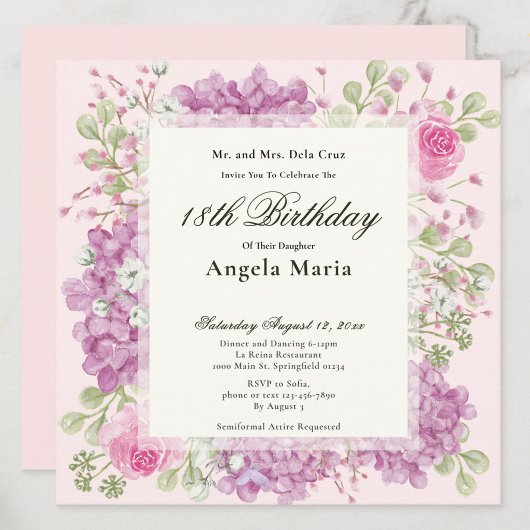 18th Birthday Invitation Elegant Pink Flowers Einladung