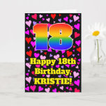 18th Birthday: Loving Hearts Pattern, Rainbow # 18 Karte<br><div class="desc">The front of this cheerful and colorful birthday greeting card design features a large number “18” with a rainbow spectrum gradient inspired pattern, along with the message “Happy 18th Birthday, ”, and a customizable name. The background of the front features a pattern of heart shapes with colors like pink, purple,...</div>