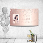 18th birthday photo rose gold pink shiny diamonds banner<br><div class="desc">A banner for a girly and glamorous 18th birthday party. A faux rose gold metallic looking background with shiny and glittery faux diamonds. Personalize and add your own photo, a name written in dark rose gold with a large modern hand lettered style script with swashes. To keep the swashes only...</div>