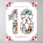 18th Birthday Pink Flower Girl Photo Collage White Poster<br><div class="desc">Create a Eighteenth Birthday seven photos collage in a big number eighteen shape. Decorated with beautiful and lovely watercolor blush pink flowers and green foliage. Great 18th Birthday gift for girls. Personalized number 18 photo collage for a unique and very special product.</div>