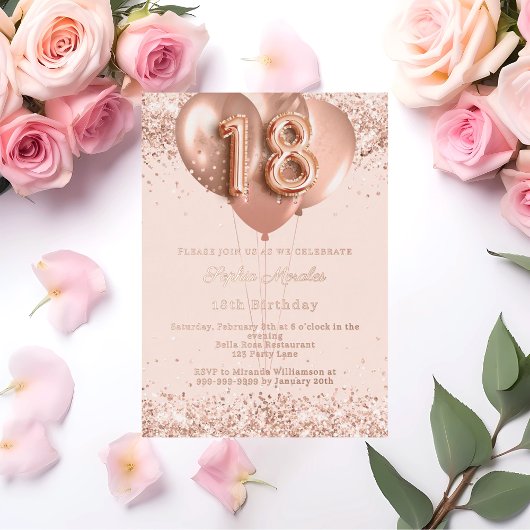 18th birthday rose gold balloons invitation folieneinladung