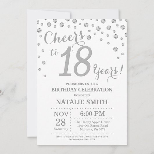 18th Birthday Silver Glitter Diamond Invitation Einladung (Vorderseite)