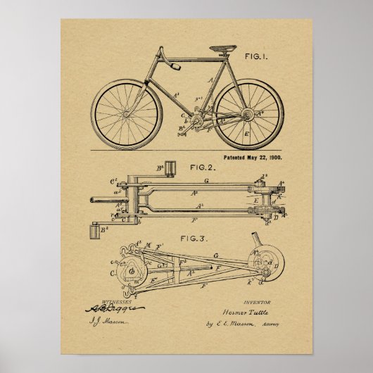 1900 Chainless Bicycle Design Patent Art Print Poster (Vorne)