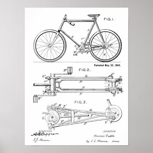 1900 Chainless Bicycle Design Patent Art Print Poster (Vorne)