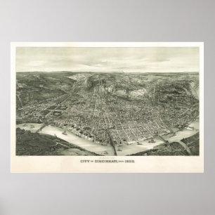 1900 Cincinnati, OH Vögel Augen Aussicht Karte Poster