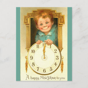 1900 New Year Cute Boy & Gold Clock Image Feiertagspostkarte