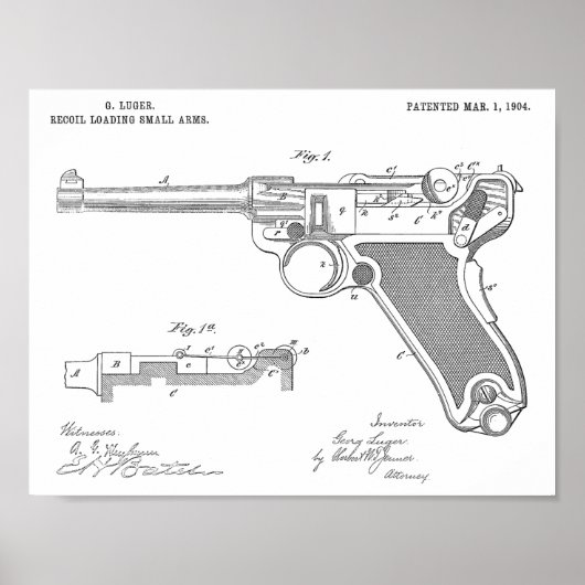 1904 Luger Gun Patent Art Zeichnend Print Poster (Vorne)