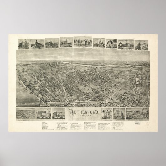 1904 Rutherford, NJ Birds Eye View Panorama Karte Poster (Vorne)