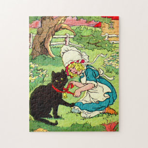 1905 beugt sich kleine Mädchen ihrer schwarzen Kat Puzzle