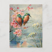 1907 Antike Eisvögel und Blüten Postkarte (Vorderseite)