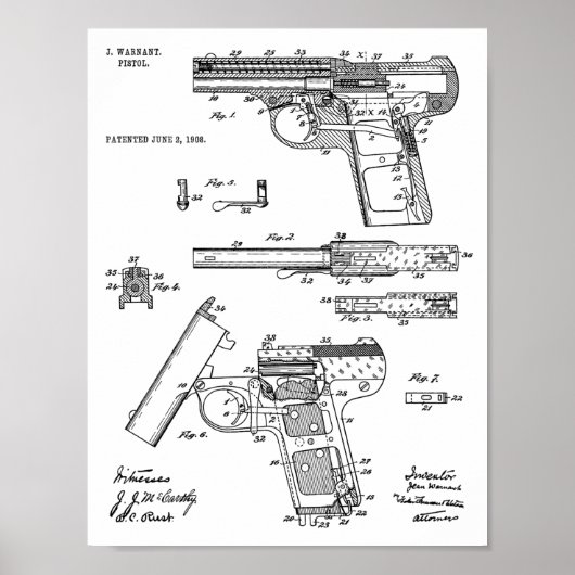 1908 Gun Warnant Patent Art Zeichnend Print Poster (Vorne)