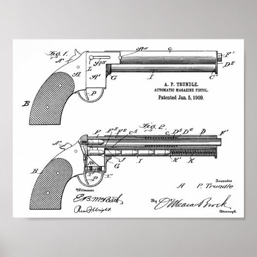 1909 Gun Auto Patent Art Zeichnend Print Poster (Vorne)