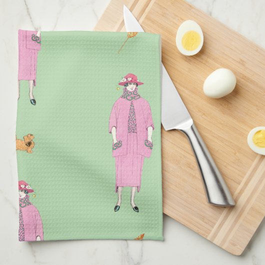 1910er Fashion Illustration Lady & Pekingese Dog Geschirrtuch (Viertel Falte)