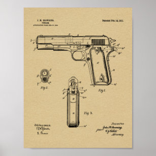 1911 Colt Browning Gun Patent Art Zeichnend Print Poster