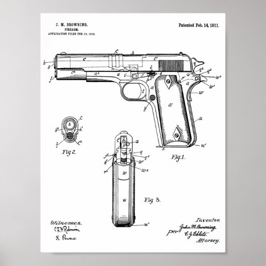 1911 Colt Browning Gun Patent Art Zeichnend Print Poster (Vorne)