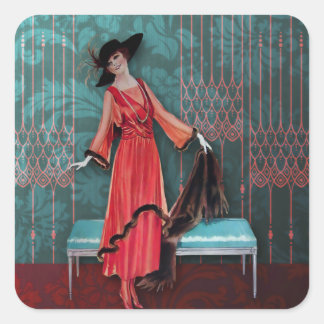 1913 Luxe: Vintage Mode in Rot und Türkis Quadratischer Aufkleber