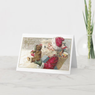1913 Santa mit Teddy Bear und Pipe Feiertagskarte