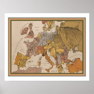 1914 Deutscher WWI Cartoon Map of Europe Poster