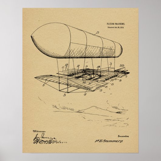1914 Flying Machine Patent Art Zeichnend Print Poster (Vorne)