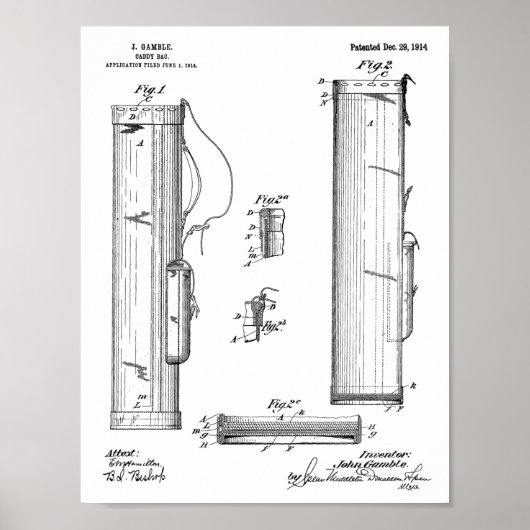 1914 Golf Caddy Club Bag Design Patent Art Print Poster (Vorne)