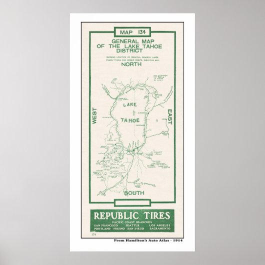1914 Karte des Lake Tahoe Poster (Vorne)
