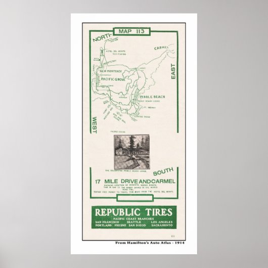 1914 Karte, Pebble Beach, 17 km Fahrt, Carmel Poster (Vorne)