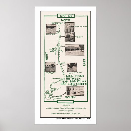 1914 Karte, San Miguel nach San Luis Obispo Poster (Vorne)