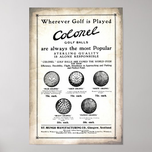 1915 Oberst Golf Balls Werbung Print Poster (Vorne)
