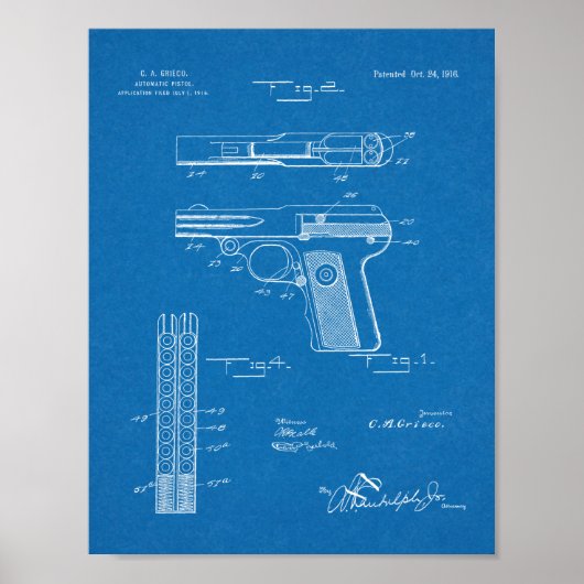 1916 Automatische Schusswaffenpatentkunst Zeichne  Poster (Vorne)