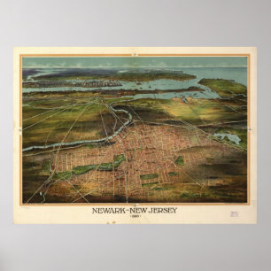 1916 Newark, NJ Vogel-Augen-Ansicht-panoramische Poster