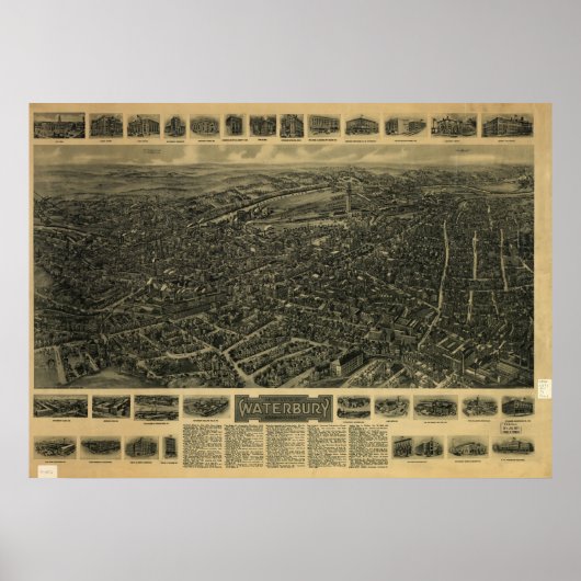 1917 Waterbury CT Birds Eye Panoramablick Karte Poster (Vorne)
