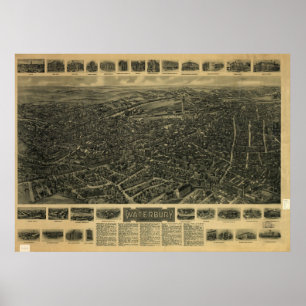 1917 Waterbury CT Birds Eye View Panoramic Map Poster