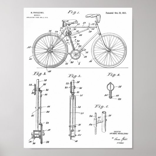 1918 Chainless Bicycle Design Patent Art Print Poster (Vorne)