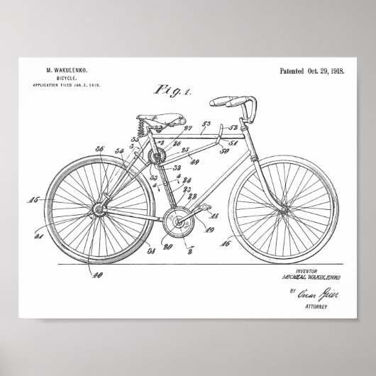 1918 Chainless Bicycle Design Patent Art Print Poster (Vorne)