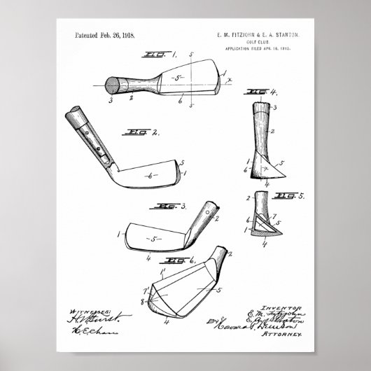 1918 Golf Club Head Patent Art Zeichnend Print Poster (Vorne)