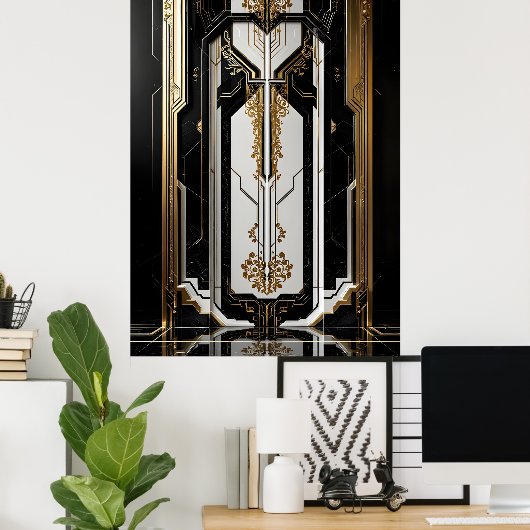 1920 Art Deco Geometric gold Frame Schwarz-weiß Poster (Heimbüro)