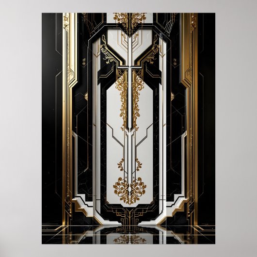 1920 Art Deco Geometric gold Frame Schwarz-weiß Poster (Vorne)