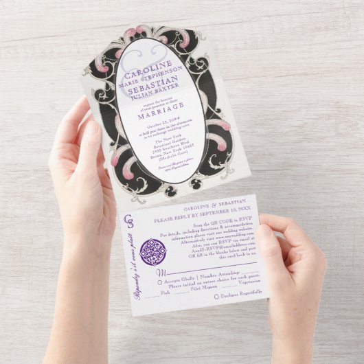 1920 Chic Art Deco Gatsby Fashion Monogram Wedding All In One Einladung (Abreißen)