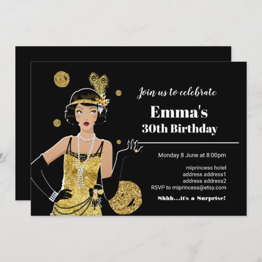 1920 Flapper Girl Einladung, Geburtstag Gatsby Einladung (Vorne/Hinten)