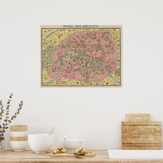 1920 Landschaftlich Sights Travel Map of Paris, Fr Poster (Küche)